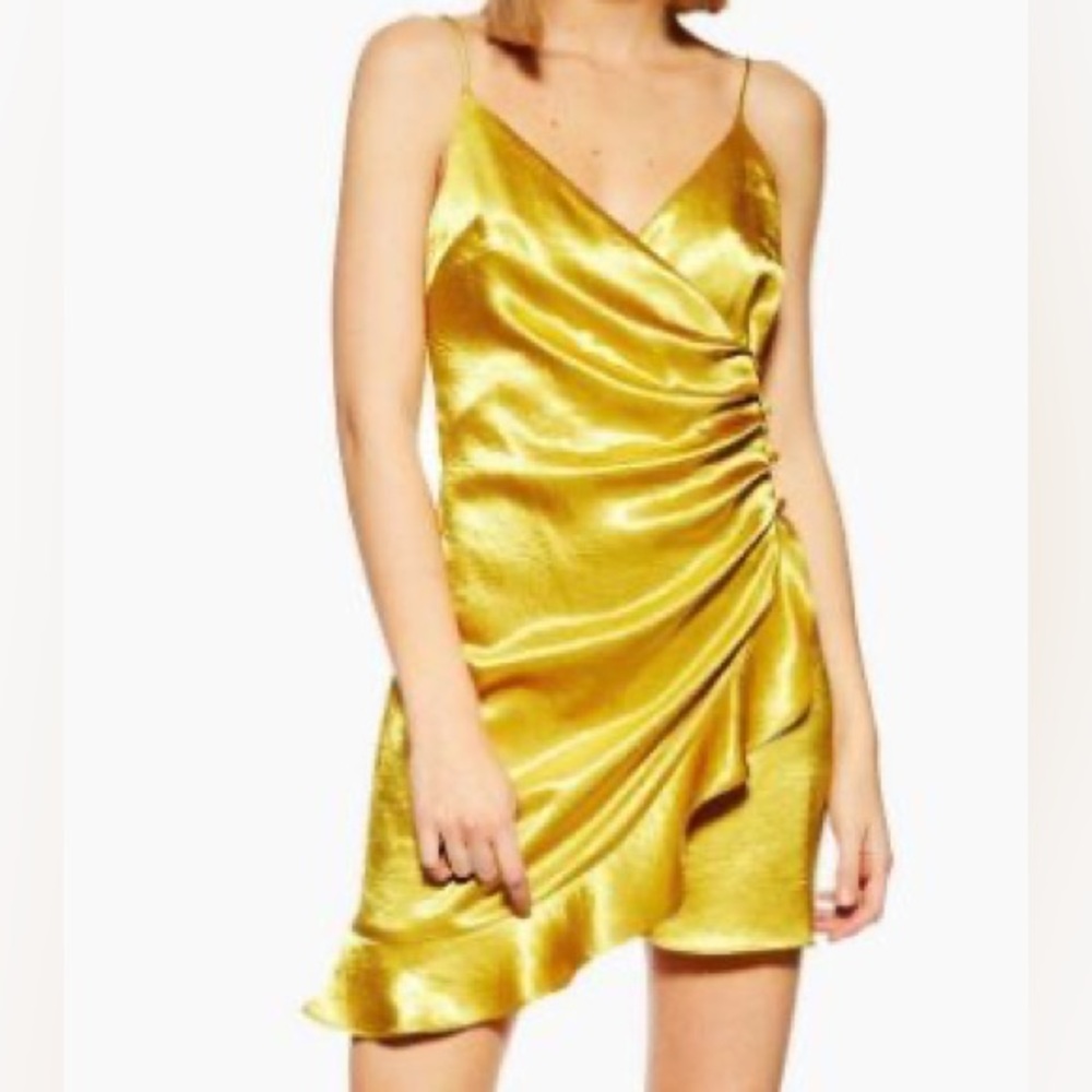 Topshop Yellow Mustard Sleeveless Spaghetti Straps Mini Ruffle Dress 4 Petite